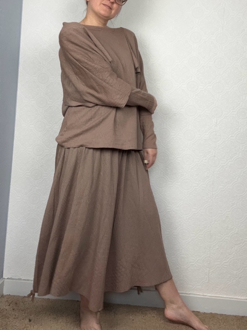 Vintage 80s Lagenlook 2 Piece Set Brown Textured Skirt Avant Garde Minimalist